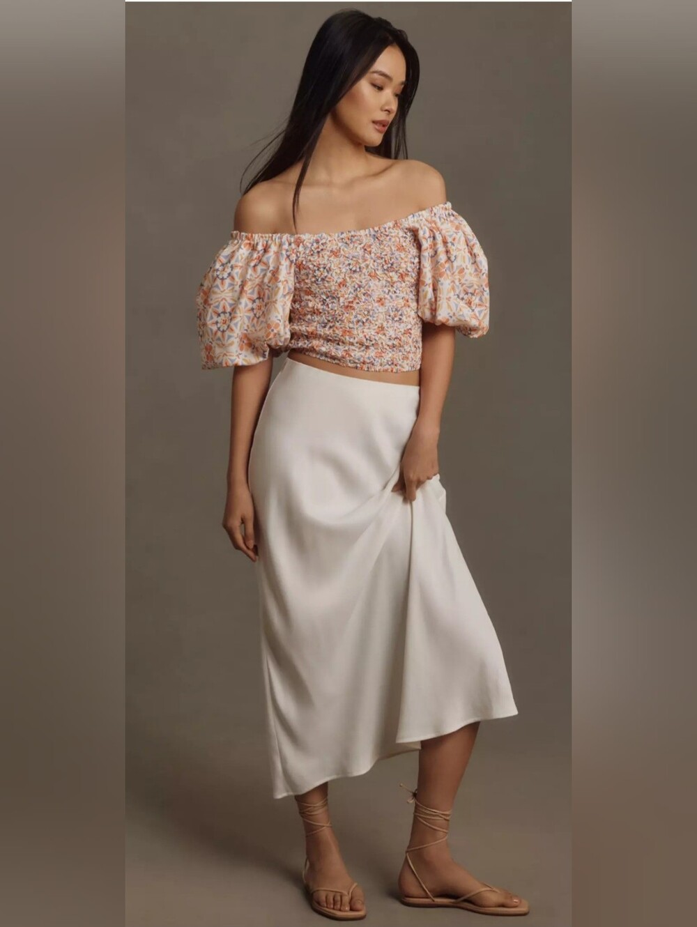 Anthropologie dolan Floral Puff Sleeve Textured Top  in Cream, Orange & Blue